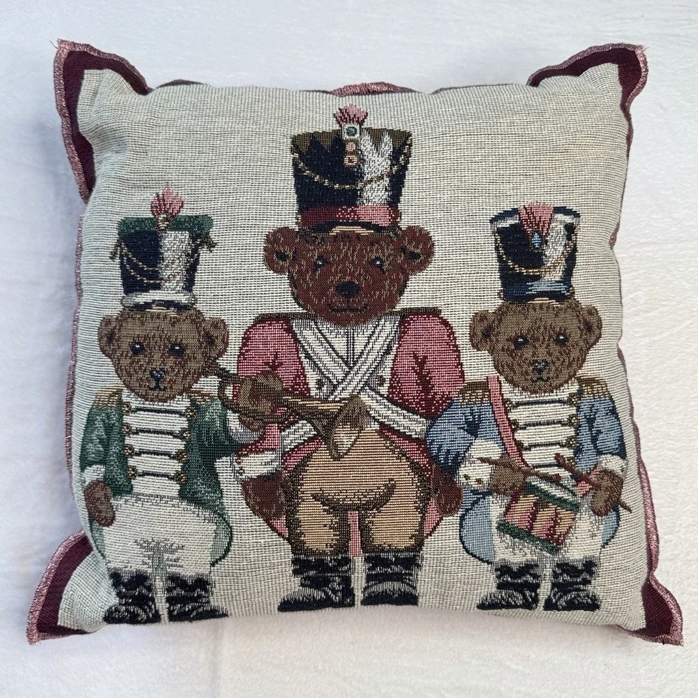 Christmas Teddy Bear Nutcracker Needlepoint Throw Pillow 16x16 Holiday Decor